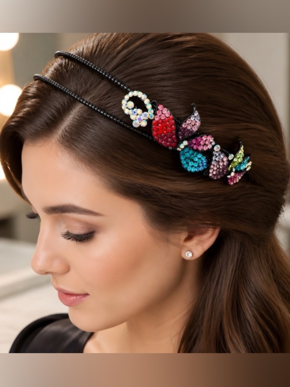 Multicolor Crystal Floral Double Black-tone Band Headband